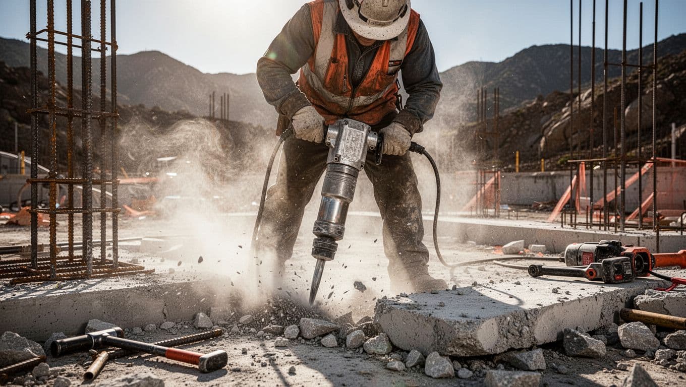 A rugged construction worker uses a pneumatic jackhammer to demolish concrete on site, dust flying amid dramatic sunlight and rebar.
