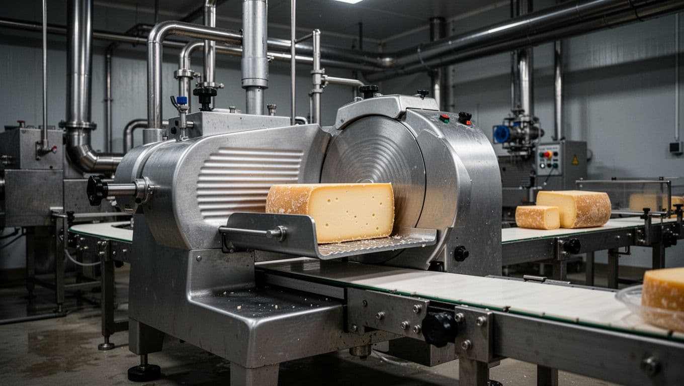 Pneumatic slicer cutting cheese in a clean food processing plant with stainless steel machines, pipes, and conveyor in cinematic style with strong contrast and dramatic lighting.