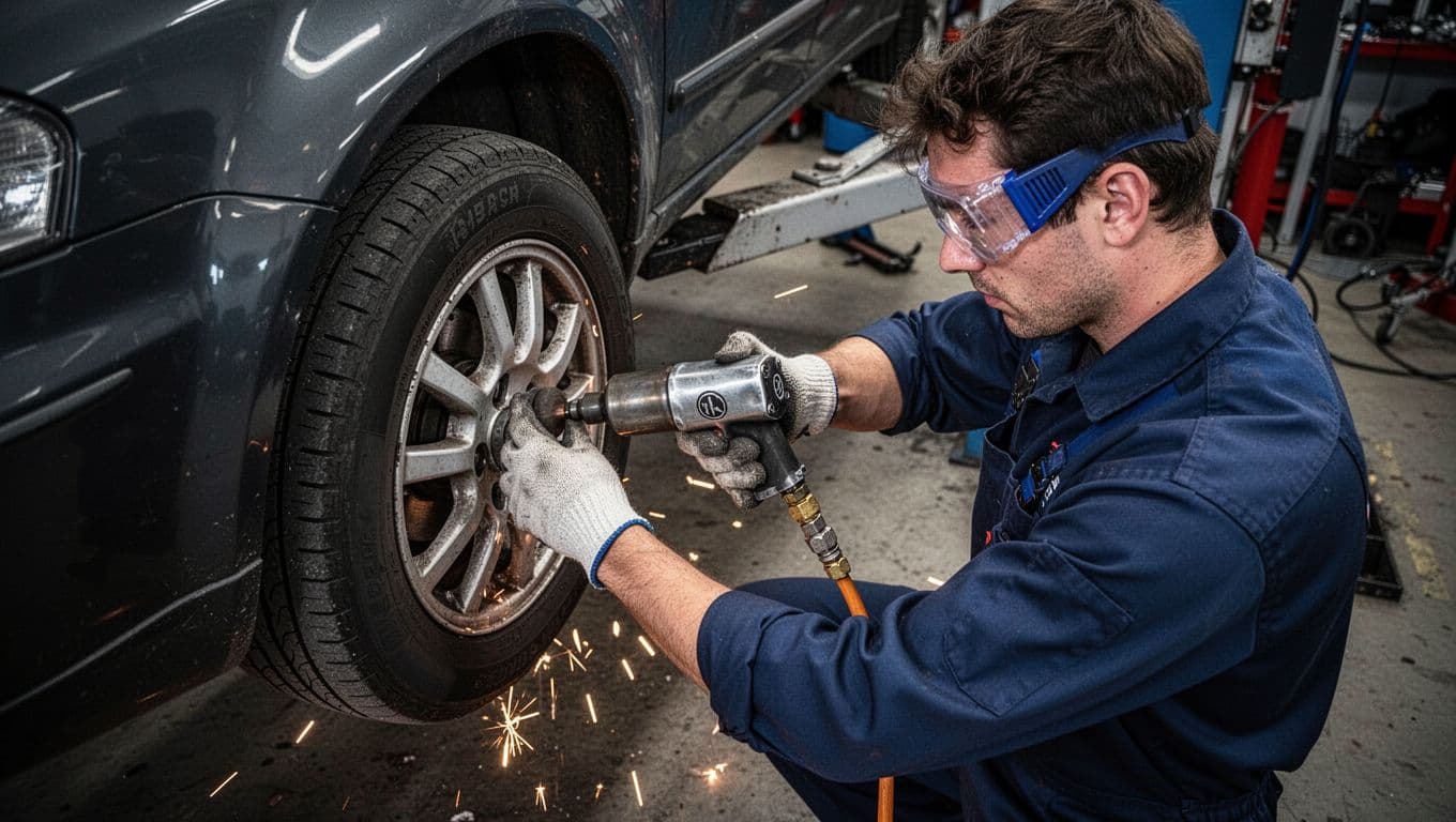 A worker in an auto shop uses a pneumatic impact wrench on a car tire with a connected compressed air hose, operating spark-free. The image features strong contrast, dramatic overhead lighting, and depth, showing exactly one person with safety goggles and two hands on the tool.