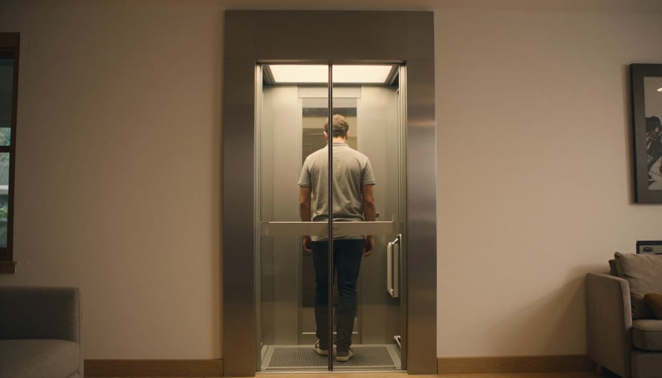 Modern residential home hydraulic elevator lifting smoothly between floors in a cozy house interior, with one person entering comfortably and partial view of the hydraulic piston mechanism.