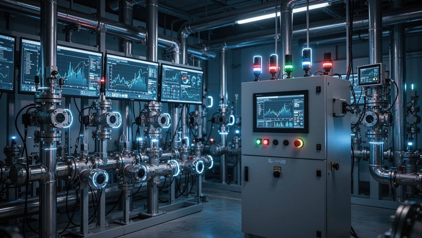 Modern smart pneumatic system with IoT sensors and valves in an industrial control room, featuring glowing screens, pipes, actuators, cinematic style with dramatic blue-toned lighting.