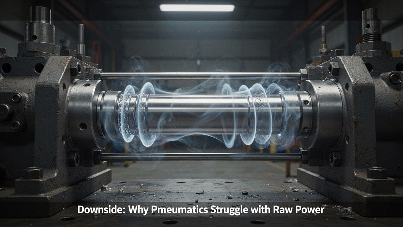 Industrial scene of a pneumatic cylinder under high pressure where air compresses and cushions the force, causing the piston to struggle extending fully with visible deformation in a cinematic side view.