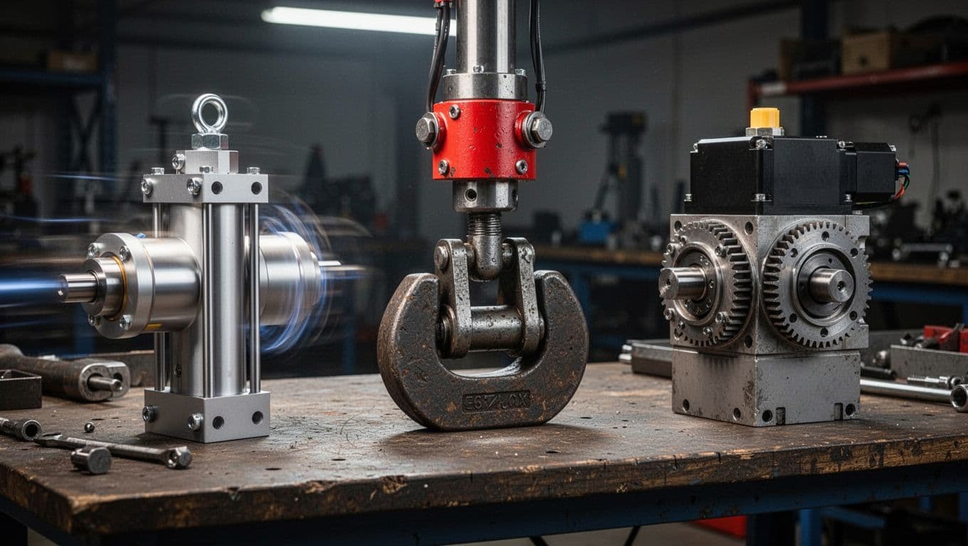 Three industrial actuators side by side on a workshop bench: pneumatic cylinder on the left with motion blur, hydraulic in the center with heavy load, electric on the right with precise gears, rendered in cinematic style with strong contrast, depth, and dramatic lighting.