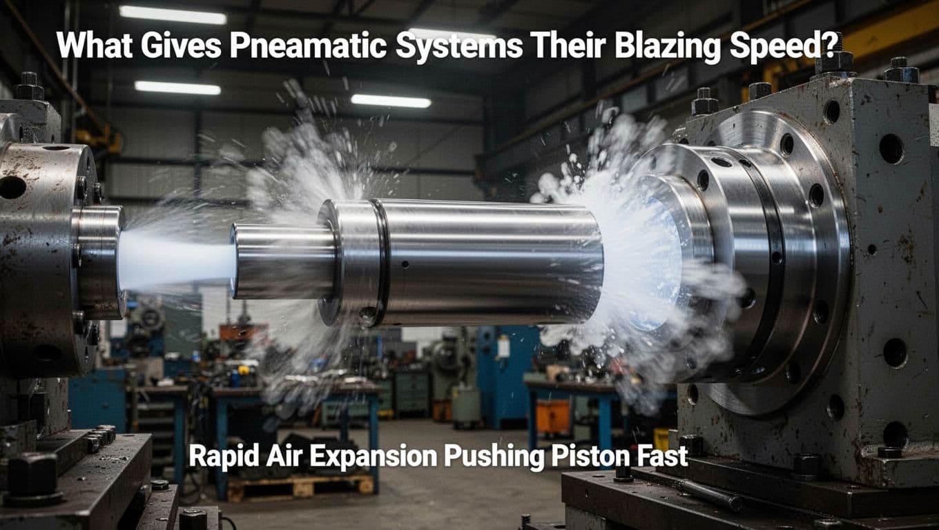 A close-up cinematic view of a pneumatic piston cylinder in an industrial workshop, where compressed air bursts out rapidly expanding the piston at high speed with dynamic motion blur, strong contrast, and dramatic lighting.