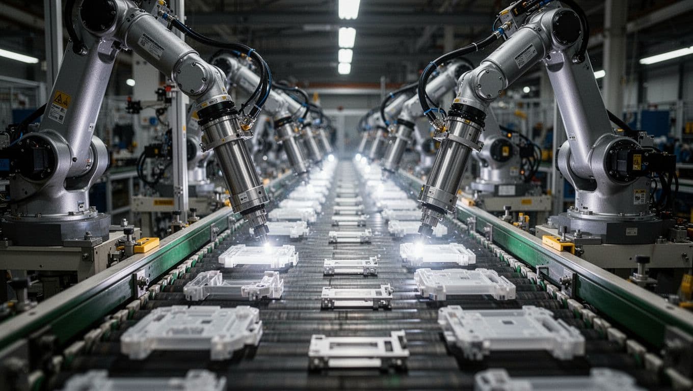 Busy factory assembly line with two robotic arms using pneumatic cylinders to rapidly pick and place light parts on conveyor belts, in cinematic style with dramatic lighting, strong contrast, and focus on speed and repetition.